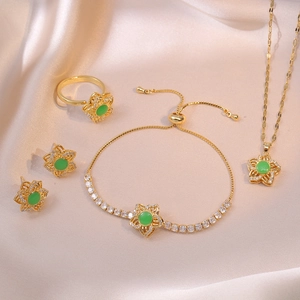 Bijoux Fleur Vert Émeraude Acier Inoxydable Collier Floral Boucles D'oreilles Bracelet Bague Zircon Accessoires Femmes