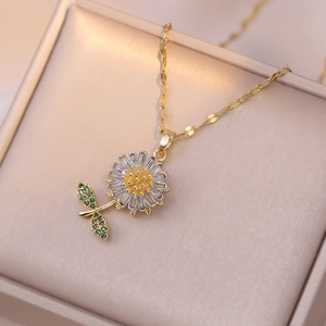 Collier Pendentif Tournesol Rotatif Acier Inoxydable Titane Bicolore Zircon Vert Fleur Chaîne Clavicule Bijoux Pour Femmes
