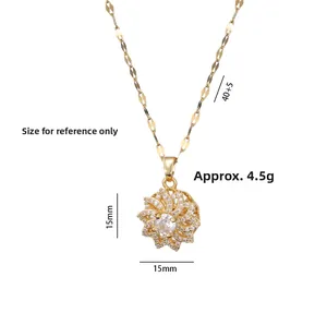Dettaglio della collana girevole a girasole dorata con zirconi cubici e misure incluse