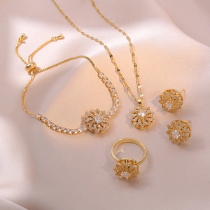 Collana Orecchini Bracciale Anello in Acciaio Inossidabile con Girasole Rotante per Donna Accessori Gioielli Moda Zirconia