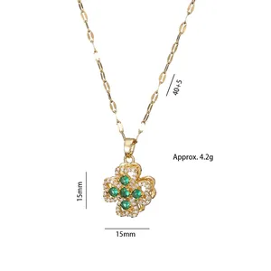 Collier trèfle à quatre feuilles doré avec zircon vert et chaîne réglable de 40cm