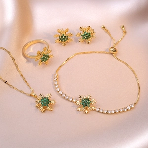 Flocon De Neige Collier Bague Bracelet Boucles D Oreilles Acier Inoxydable Plaque Or Zircon Vert Emeraude Bijoux Elegants