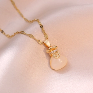 Lucky Bag Pendant Necklace Titanium Steel Rhinestone Inlaid White Faux Stone Elegant Jewelry Accessory Women