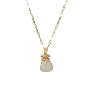 Golden fortune bag pendant necklace with opal stone and zircon accents for women
