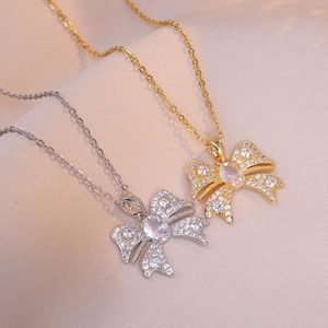 Bow Tie Pendant Necklace Stainless Steel Shiny Zircon Minimalist Clavicle Chain Light Luxury Jewelry Gift For Women