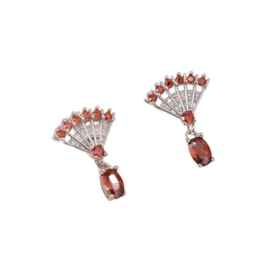 Elegant silver fan-shaped drop earrings with red gemstones and sparkling zircons