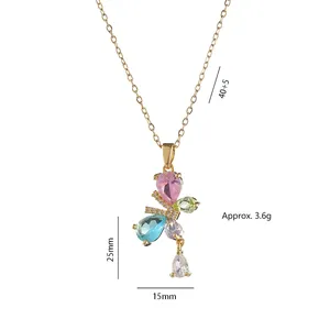 Rainbow gemstone butterfly pendant necklace in minimalist gold-plated alloy style