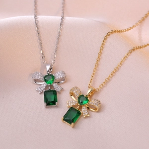 Bow Knot Heart Pendant Necklace Titanium Steel Emerald Green Gemstone Zircon Luxury Style Jewelry For Women