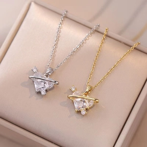 Heart Planet Pendant Necklace Stainless Steel With Zircon Inlaid Romantic Saturn Ring Jewelry For Women Girls