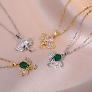 Collana Con Pendente A Elefante In Acciaio Inossidabile Zirconia Cubica Verde Smeraldo Gioielli Animali Per Donna