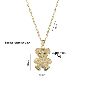 Golden teddy bear pendant necklace with zircon heart and 40+5cm adjustable chain