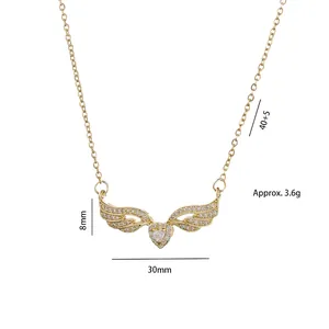 Golden heart necklace with angel wings and zircon stones, 40+5cm chain for women