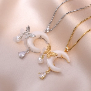Collier Pendentif Lune Papillon Acier Inoxydable Pierre De Lune Künstliche Perle Zirconia Bijoux Pour Femmes