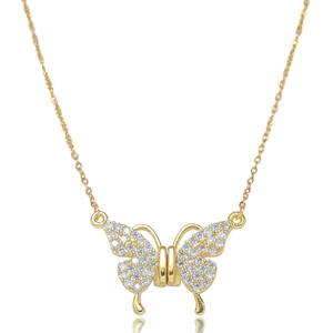 Elegant gold titanium steel butterfly necklace with zircon stones on white background
