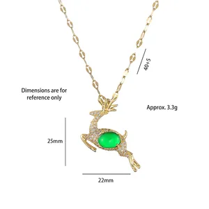 Gold Christmas deer necklace with emerald pendant and white zircon inlay, size 40+5cm