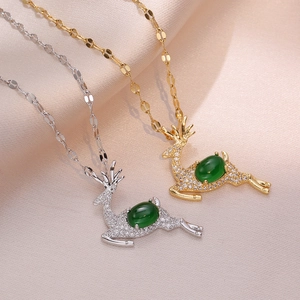 Reindeer Pendant Necklace Stainless Steel With Green Gemstone And Zircon Inlaid Christmas Style For Women
