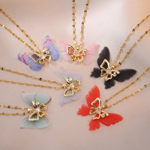 Schmetterling Anhänger Halskette Titanstahl Tüll Gradient Flügel Zirkon Eingelegt Romantische Fee Stil Schmuck Damen