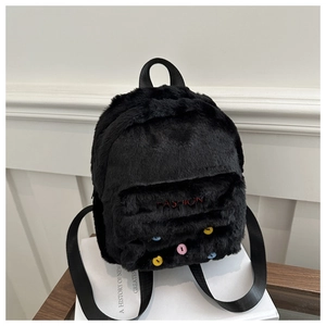 Soft Plush Mini Backpack Faux Fur Fashion Letter Embroidery Colored Dots Small Travel Bag For Women Girls Daily Casual