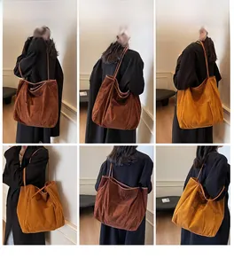 Collage of model wearing large suede tote bags in dark brown and mustard yellow