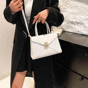 White crocodile embossed envelope handbag with golden metallic clasp for women