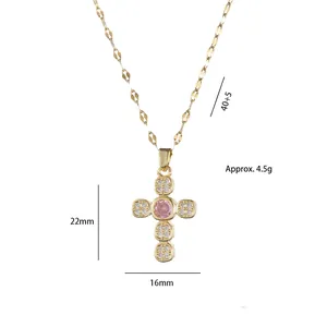 Gold cross pendant necklace with pink stone and zircon, 22x16mm size for women