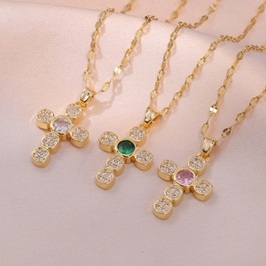 Cross Pendant Necklace Stainless Steel With Inlaid Zircon French Minimalist Elegant Jewelry For Women