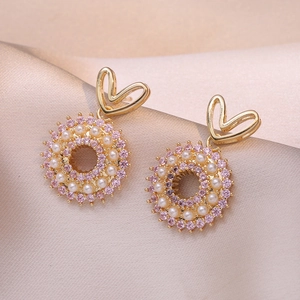 Herzform Hängeohrringe Kupfer Mit Violett Rosa Zirkonia Und Imitationsperle Elegante Koreanischer Stil Schmuck Für Damen