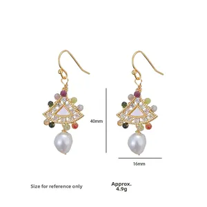 Detailed view of gold fan-shaped earrings with pearls and colorful beads, 40mm height