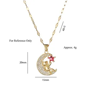 Collier lune doré avec pendentif ours en cristal et étoile rose, chaîne ajustable fine