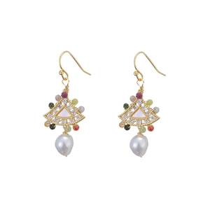 Golden fan-shaped earrings with colorful beads and white Baroque pearls for women