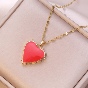 Heart Pendant Necklace Red Enamel Titanium Steel Zircon Micro Pave Punk Sweet Clavicle Chain For Women Jewelry