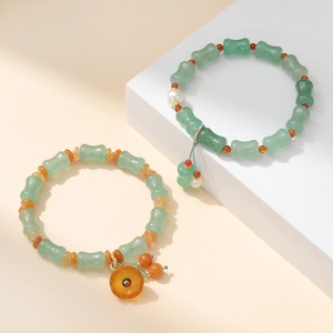 Bracelet Perlé Pour Femmes Aventurine Verte Forme Bambou Style Chinois Pendentif Fleur Bijoux Ethniques Pierre