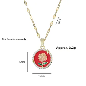 Detail of rose enamel pendant with white zircon halo and 45cm gold chain necklace