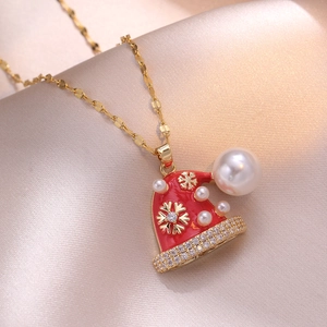 Weihnachts Weihnachtsmann Hut Anhänger Halskette Edelstahl Rote Emaille Schneeflocke Zirkon Künstliche Perle Modeschmuck Damen
