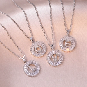 Round Initial Letter Pendant Necklace Stainless Steel Baguette Zircon Sunburst Micro Pave Luxury Fashion Jewelry For Women