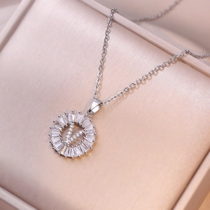 Silver necklace with LOVE V letter pendant inlaid with zircon and fine crystals