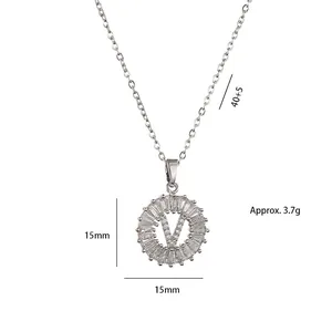 Silver V-letter round pendant necklace with zircon inlay and adjustable chain for women