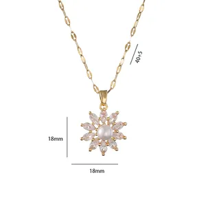 Golden sunflower pendant necklace with pearl and zircon inlay on a minimalist O-chain