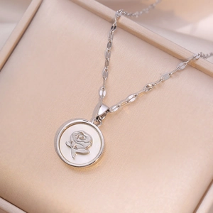 Collier pendentif rose vintage français avec incrustation de nacre en boîte cadeau