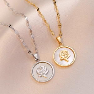 Collier Pendentif Rose Vintage Français Acier Titane Avec Nacre Coquille Chaîne Clavicule Pour Femmes Bijoux Élégants
