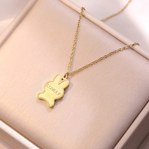 Golden titanium steel rabbit pendant necklace with LOVELY engraving on champagne satin