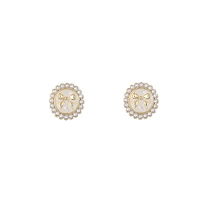 Elegant gold bow earrings with white pearl border and iridescent shell center