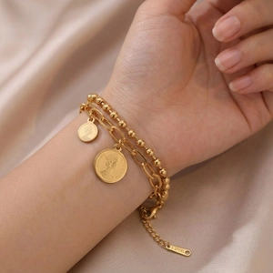 Bracelet Double Couche En Acier Inoxydable Avec Pendentifs Pièces Portrait Reine Chaîne À Maillons Perles Bijoux Pour Femmes