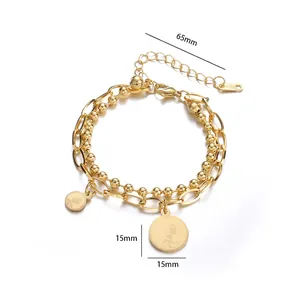 Bracelet double rang en acier inoxydable avec pendentif pièce et fermoir mousqueton