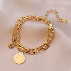 Bracelet double rang en acier inoxydable doré avec pendentif pièce Elizabeth II