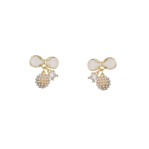 Golden bow earrings with square zircon and pearl cluster dangles for women