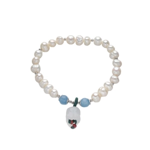 S925 silver natural freshwater pearl bracelet with blue beads and a white carved charm