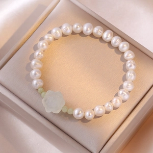 Bracciale Di Perle D'acqua Dolce Con Fiore Di Camelia In Agata E Perline Verdi Gioielli Elastici Per Donne