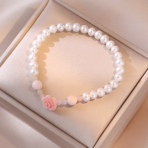 Freshwater Pearl Bracelet S925 Sterling Silver Pink Shell Rose Flower Baroque Elegant Sweet Jewelry For Women