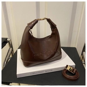 Detail of dark brown dumpling bag featuring gold metal handle and embossed text